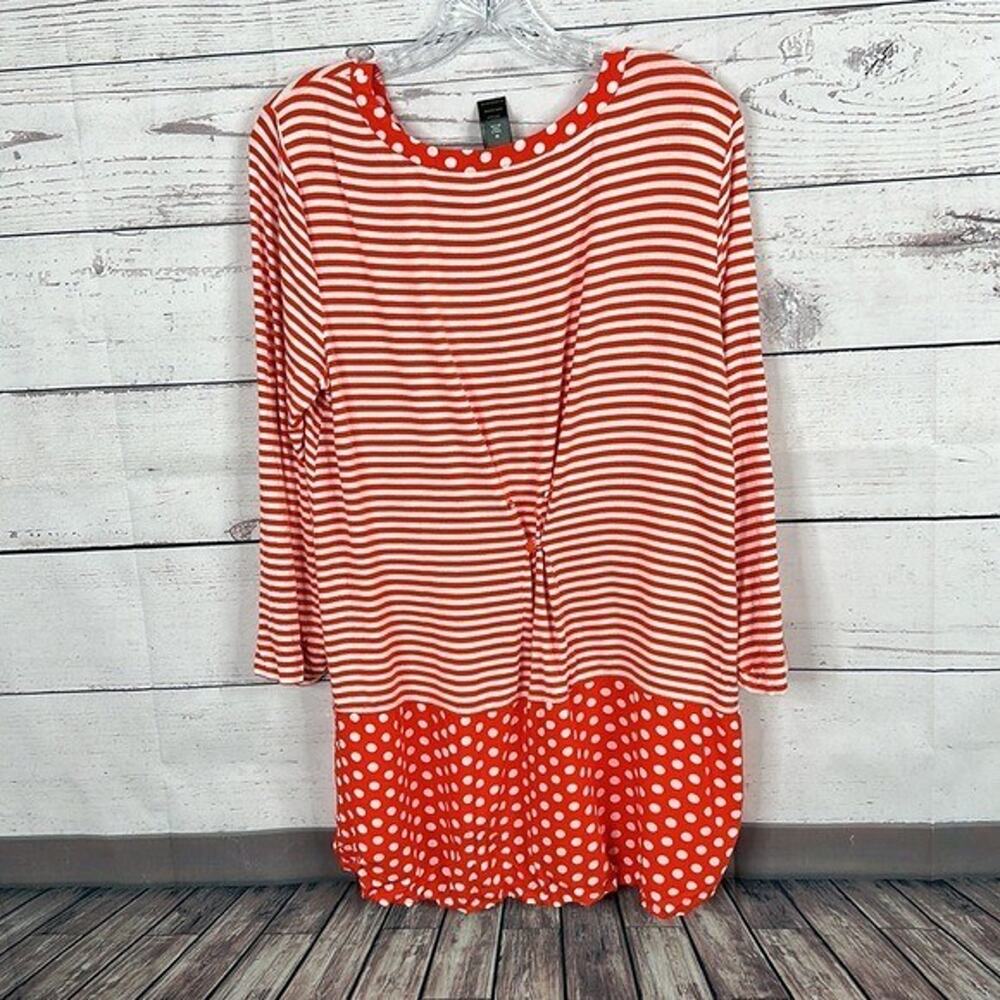 Ali Miles Top Shirt Womens Medium Orange White Stripe Polka dot Tunic Art Casual - Picture 5 of 12